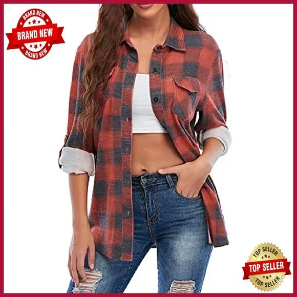 Women's Casual Long Sleeve Button Down Plaid Flannel Shirt - Picture 4 of 8